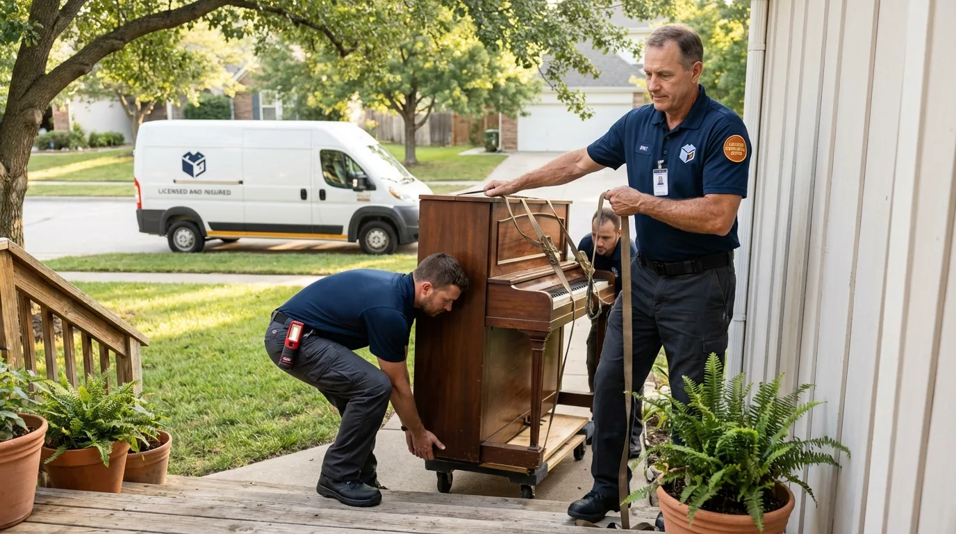 Licensed piano movers securing grand piano in Beckemeyer, IL