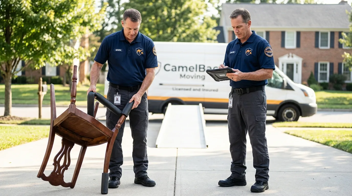 Movers inspecting furniture for damage prevention before loading in Beckemeyer, IL