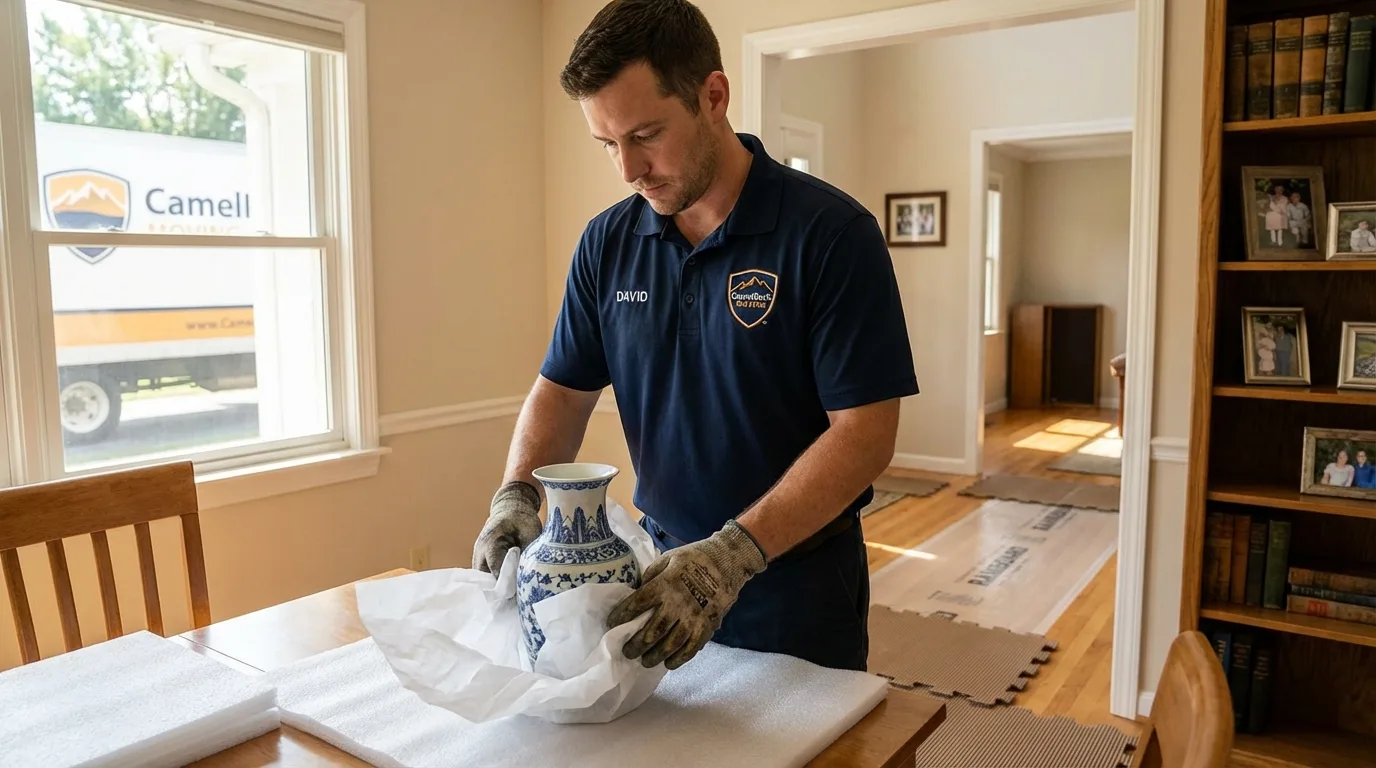 Professional crew carefully wrapping antique vase for senior downsizing move in Beckemeyer, IL